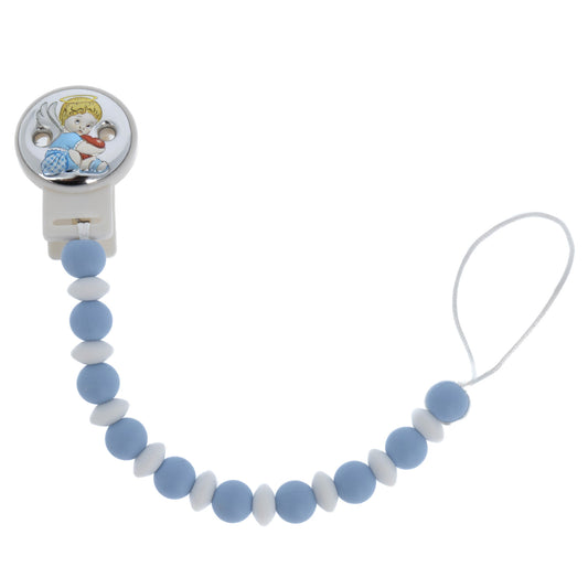 Catenella portaciuccio in silicone alimentare, celeste, con clip Angelo in argento