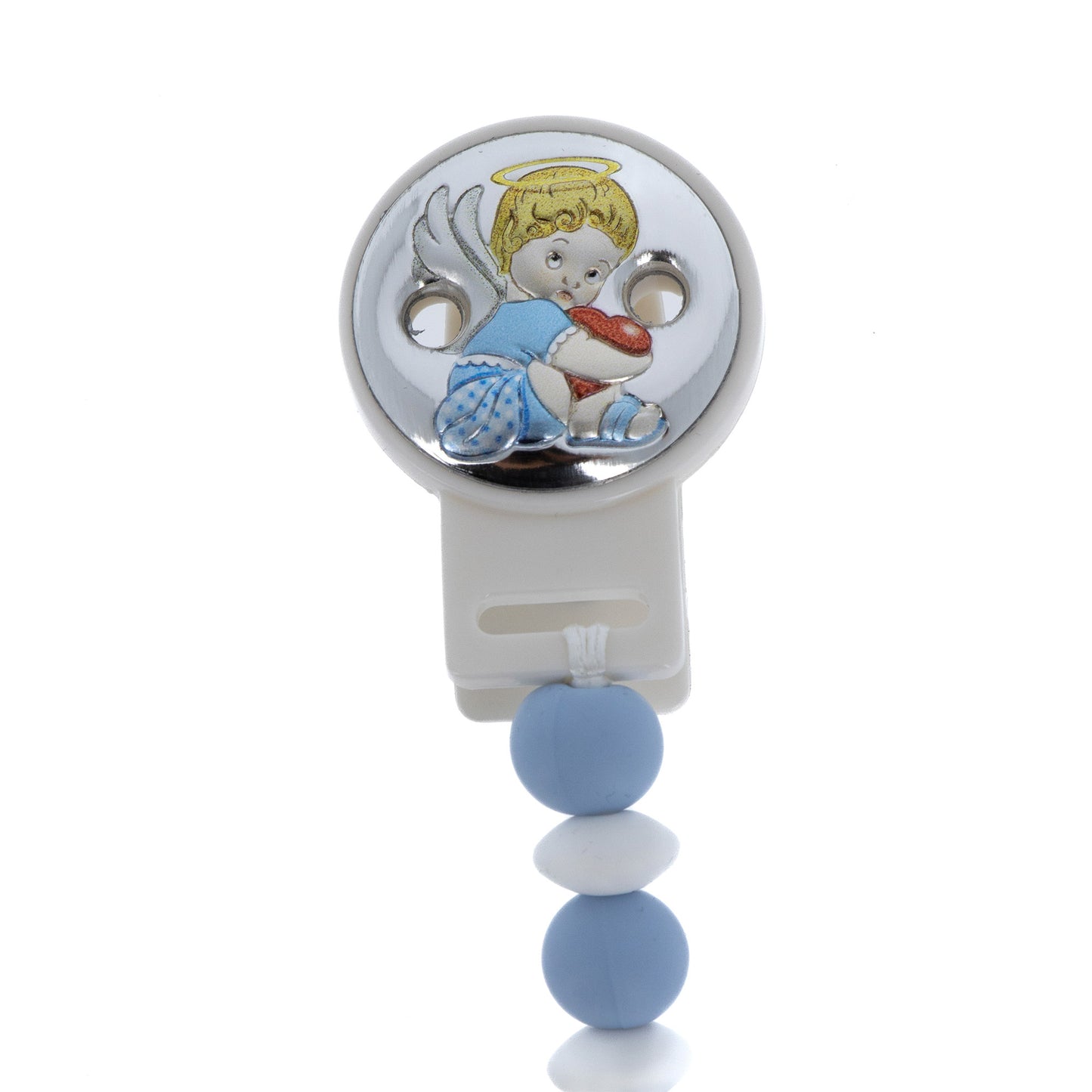 Catenella portaciuccio in silicone alimentare, celeste, con clip Angelo in argento