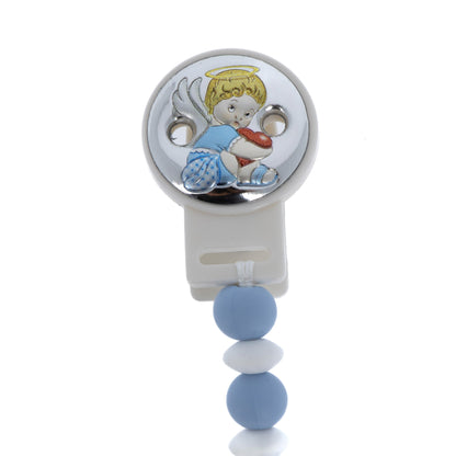 Catenella portaciuccio in silicone alimentare, celeste, con clip Angelo in argento