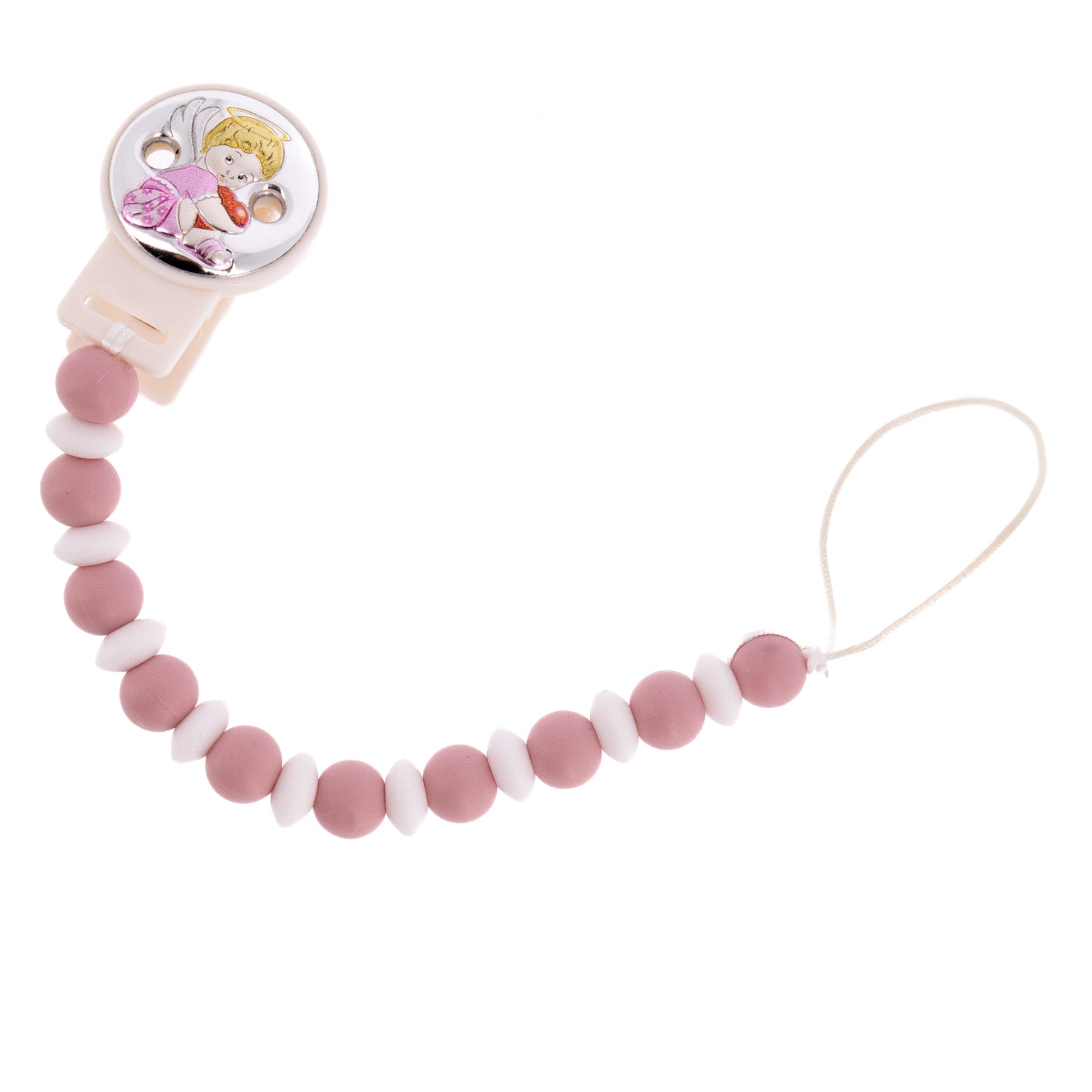 Catenella portaciuccio in silicone alimentare, rosa, con clip Angelo in argento