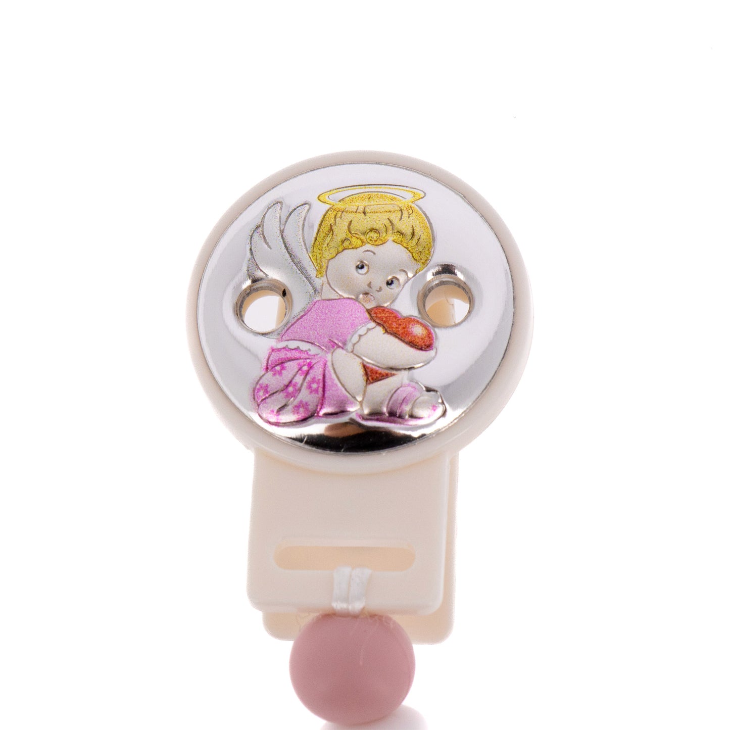 Catenella portaciuccio in silicone alimentare, rosa, con clip Angelo in argento