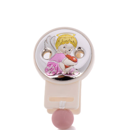 Catenella portaciuccio in silicone alimentare, rosa, con clip Angelo in argento