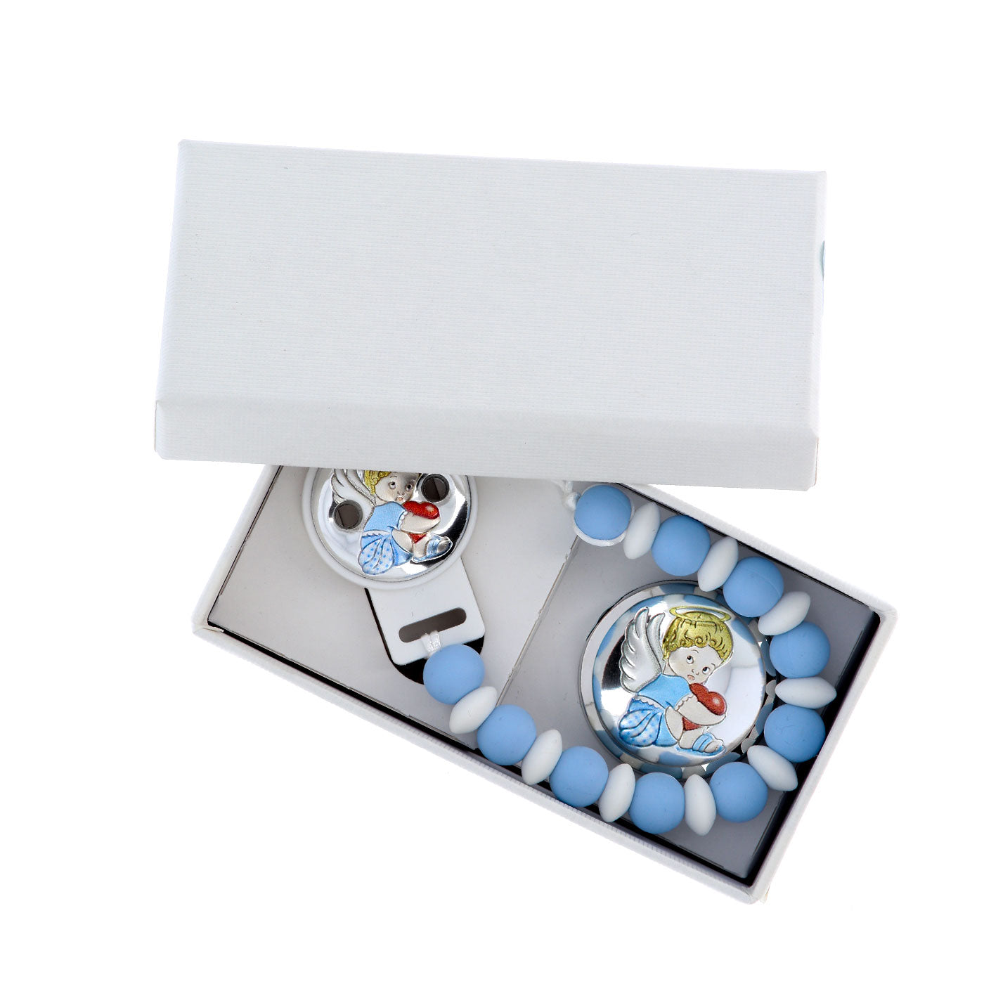 Confezione Angelo scatola porta dentino + catenella portaciuccio, celeste