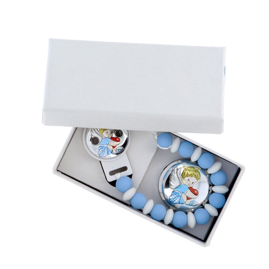 Confezione Angelo scatola porta dentino + catenella portaciuccio, celeste