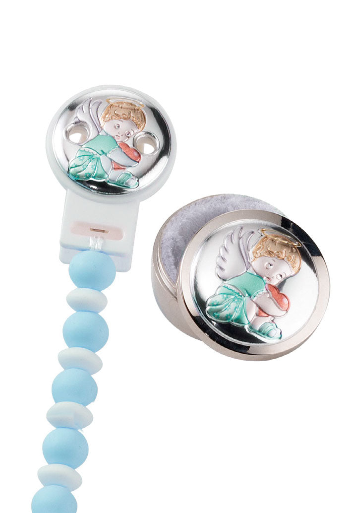 Confezione Angelo scatola porta dentino + catenella portaciuccio, celeste
