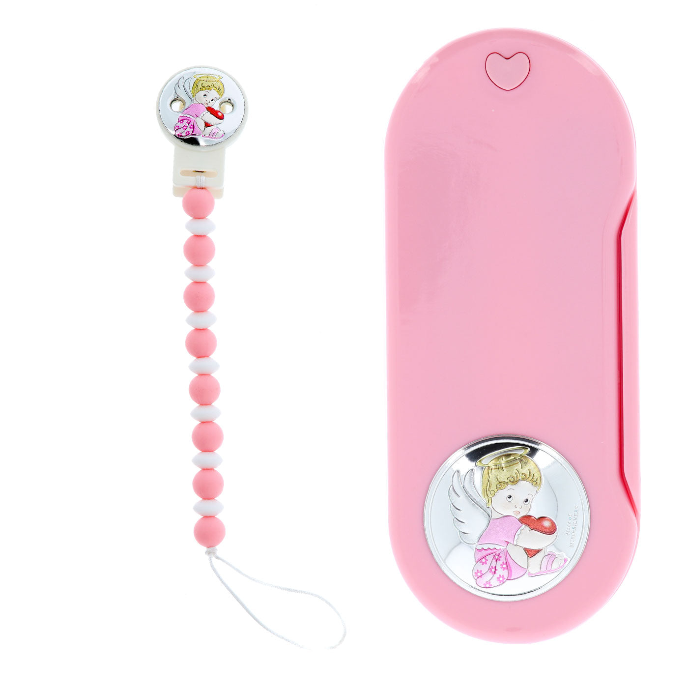 Confezione Angelo set pappa + catenella portaciuccio, rosa