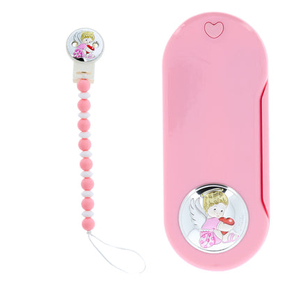 Confezione Angelo set pappa + catenella portaciuccio, rosa