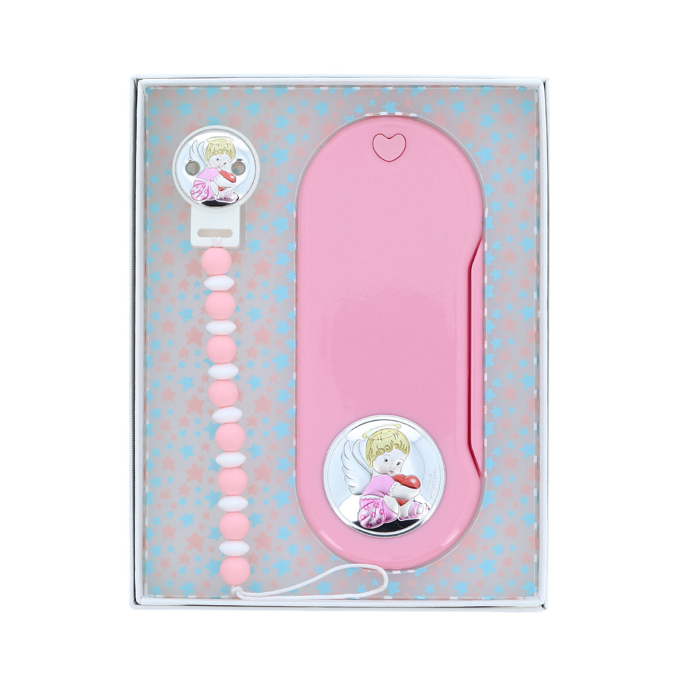 Confezione Angelo set pappa + catenella portaciuccio, rosa