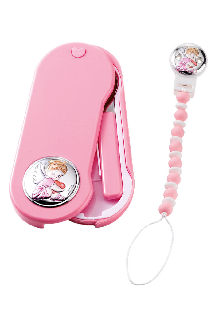 Confezione Angelo set pappa + catenella portaciuccio, rosa