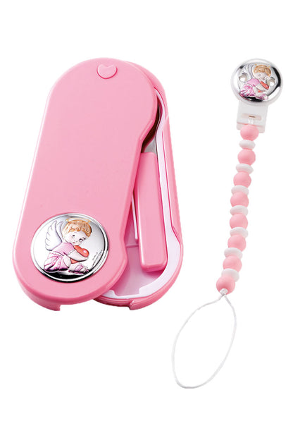 Confezione Angelo set pappa + catenella portaciuccio, rosa
