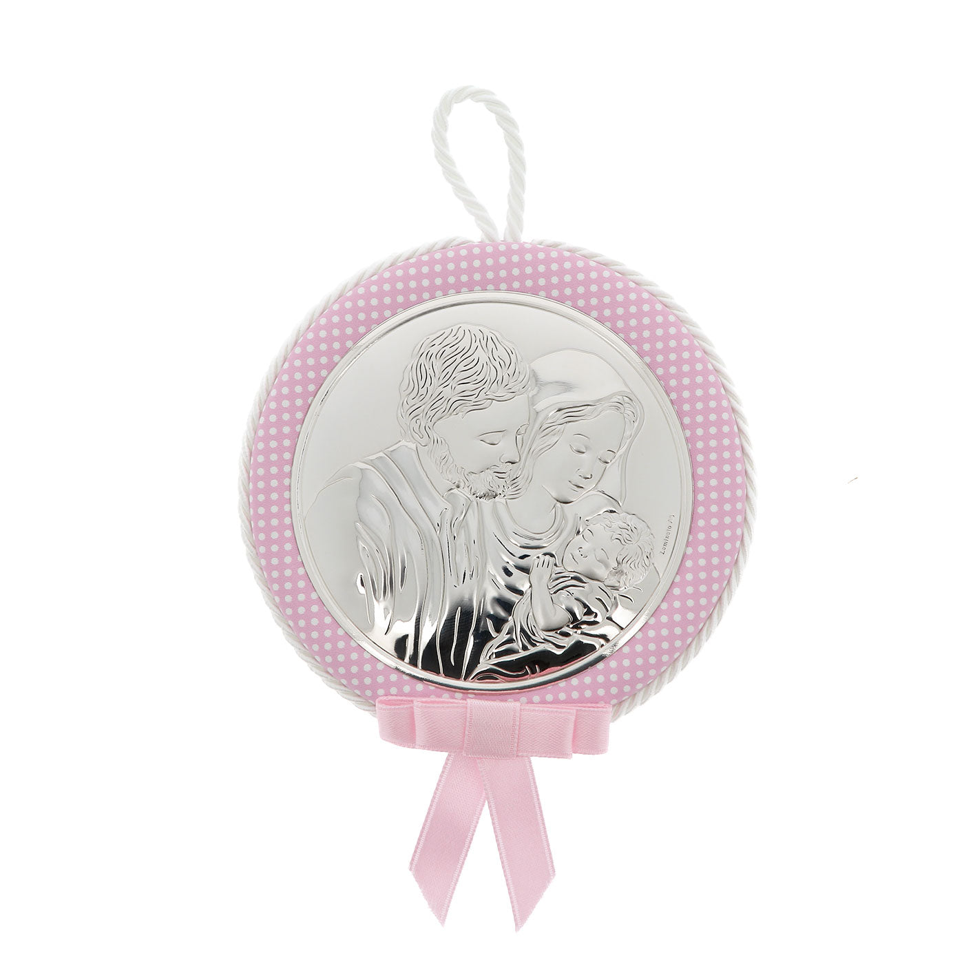 Capoculla rosa Sacra Famiglia, con carillon. Diametro 11 cm