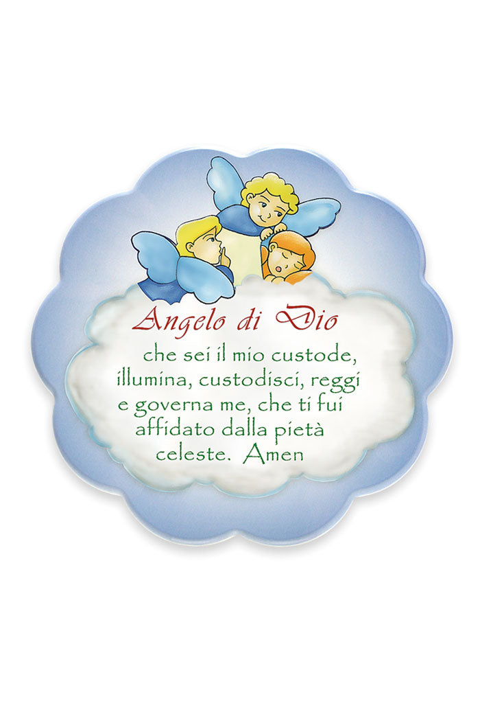 Quadro sagomato Angeli e preghiera ?Angelo di Dio?. Diametro 17 cm