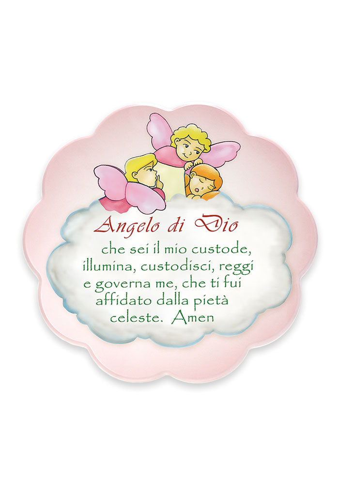 Quadro sagomato Angeli e preghiera ?Angelo di Dio?. Diametro 17 cm