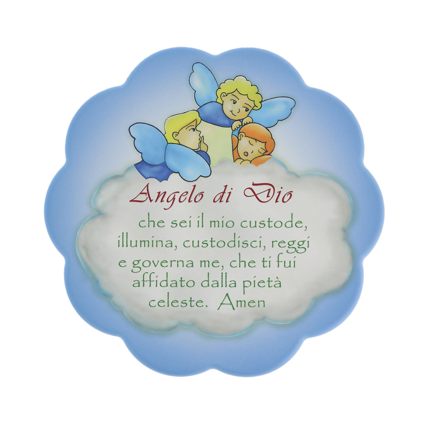 Quadro sagomato Angeli e preghiera ?Angelo di Dio?. Diametro 25 cm