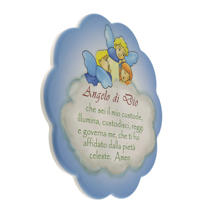 Quadro sagomato Angeli e preghiera ?Angelo di Dio?. Diametro 25 cm