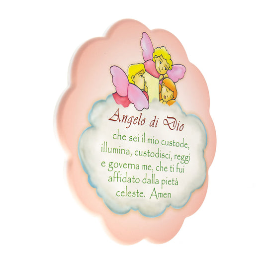 Quadro sagomato Angeli e preghiera ?Angelo di Dio?. Diametro 25 cm