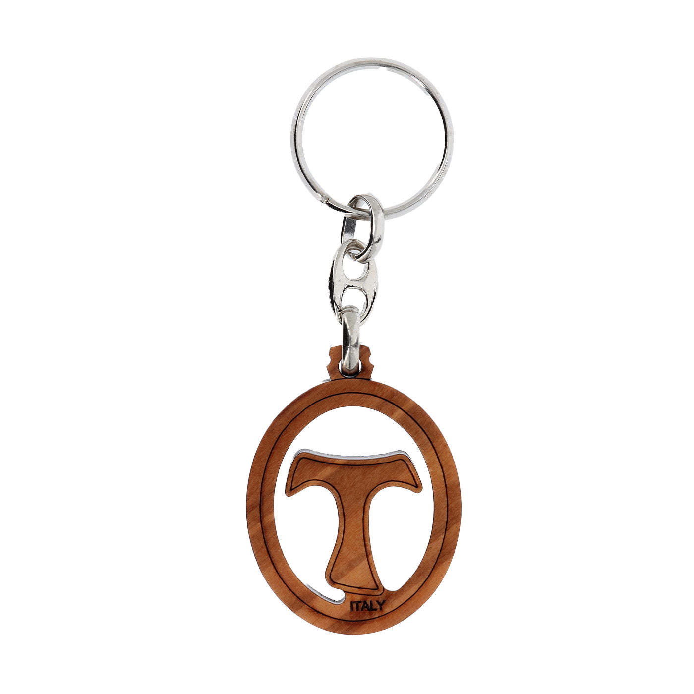 Portachiavi Tau in legno d?ulivo traforato. Lunghezza 10 cm