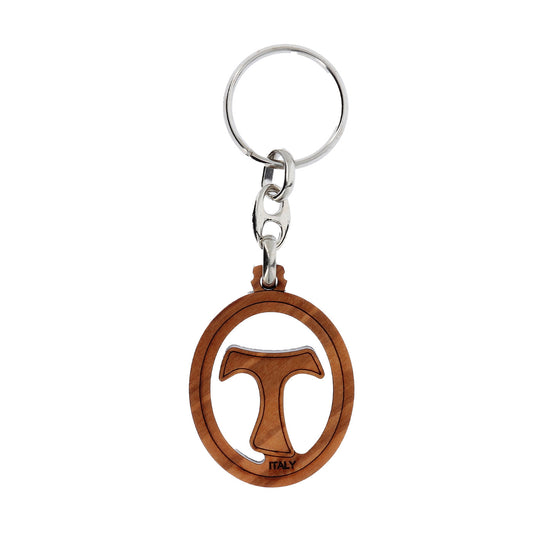 Portachiavi Tau in legno d?ulivo traforato. Lunghezza 10 cm