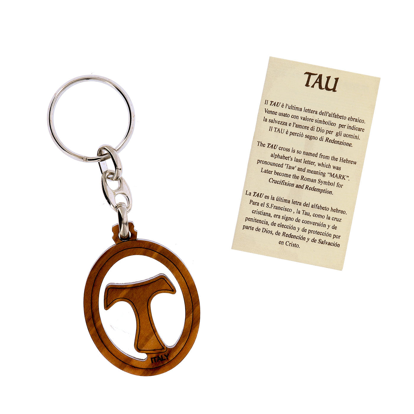 Portachiavi Tau in legno d?ulivo traforato. Lunghezza 10 cm
