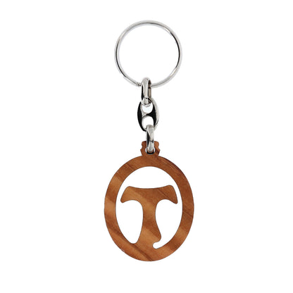 Portachiavi Tau in legno d?ulivo traforato. Lunghezza 10 cm