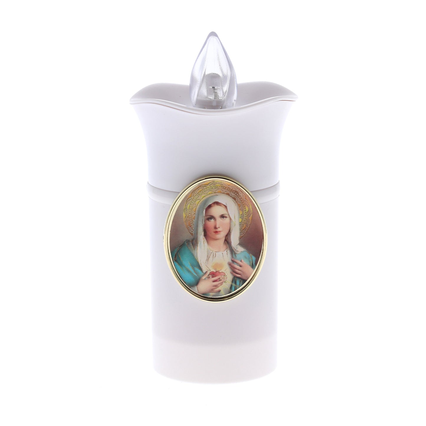 Lumino elettronico con immagine Madonna. Durata 60 giorni. Dimensioni 13x6,5 cm.