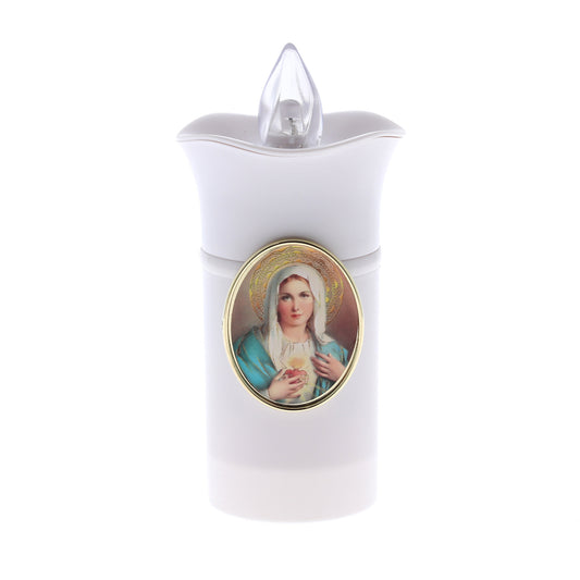 Lumino elettronico con immagine Madonna. Durata 60 giorni. Dimensioni 13x6,5 cm.