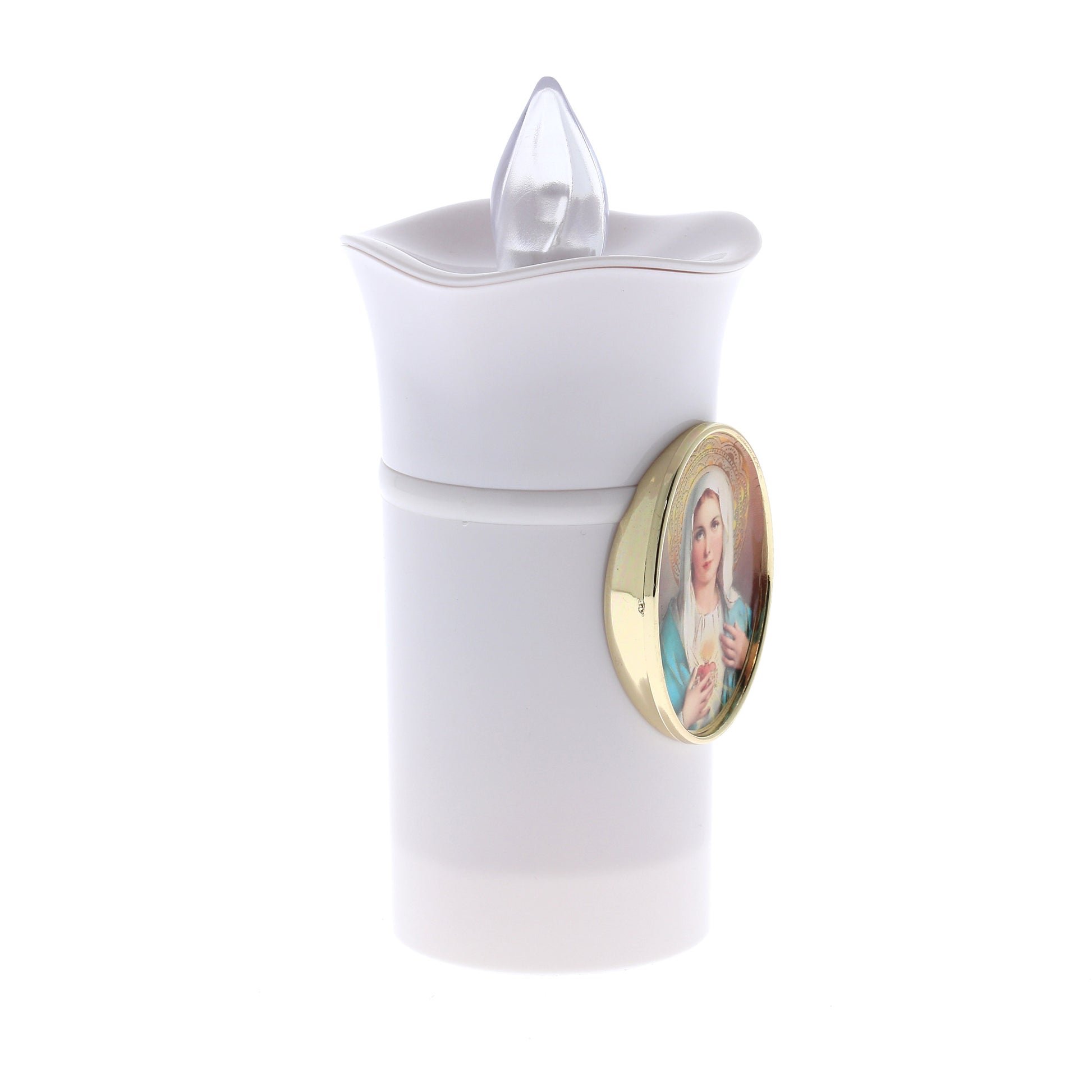 Lumino elettronico con immagine Madonna. Durata 60 giorni. Dimensioni 13x6,5 cm.