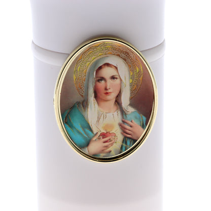 Lumino elettronico con immagine Madonna. Durata 60 giorni. Dimensioni 13x6,5 cm.