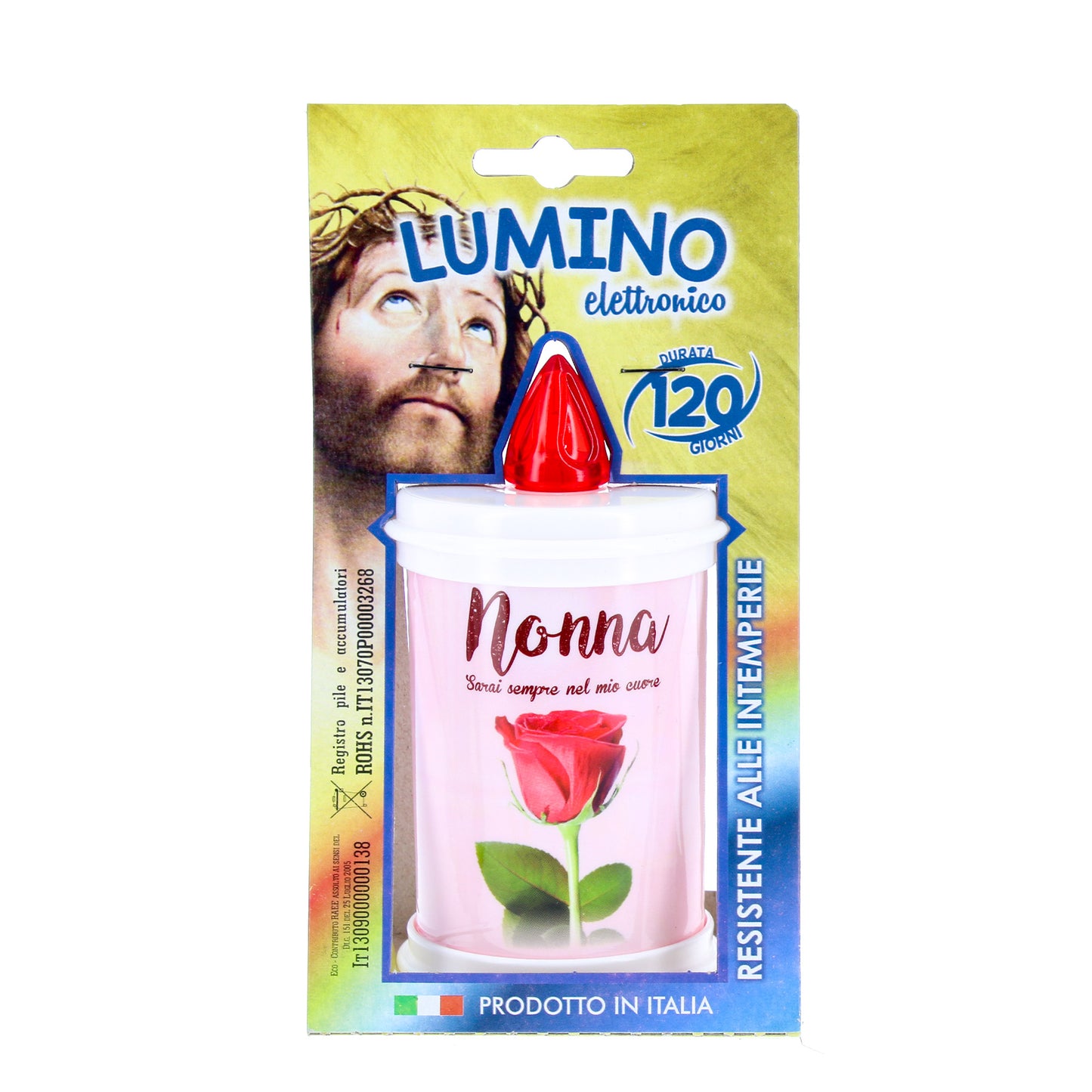 Lumino elettronico "Nonna", durata 120 giorni, luce rossa. Diametro 7 cm e altezza 13 cm
