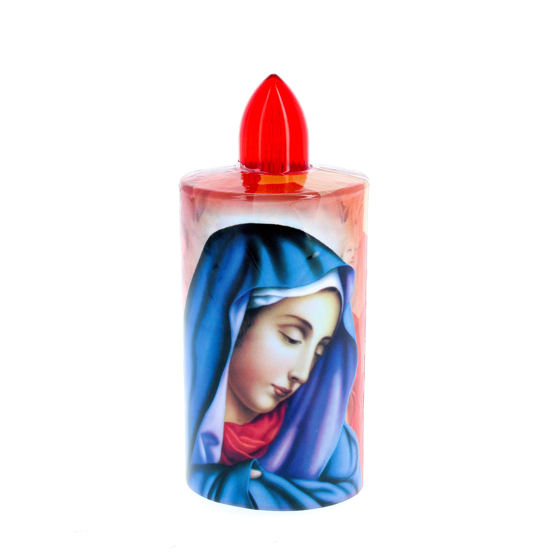Lumino elettronico "Madonna Addolorata", durata 60 giorni, luce rossa. Diametro 6 cm e altezza 13,5 cm