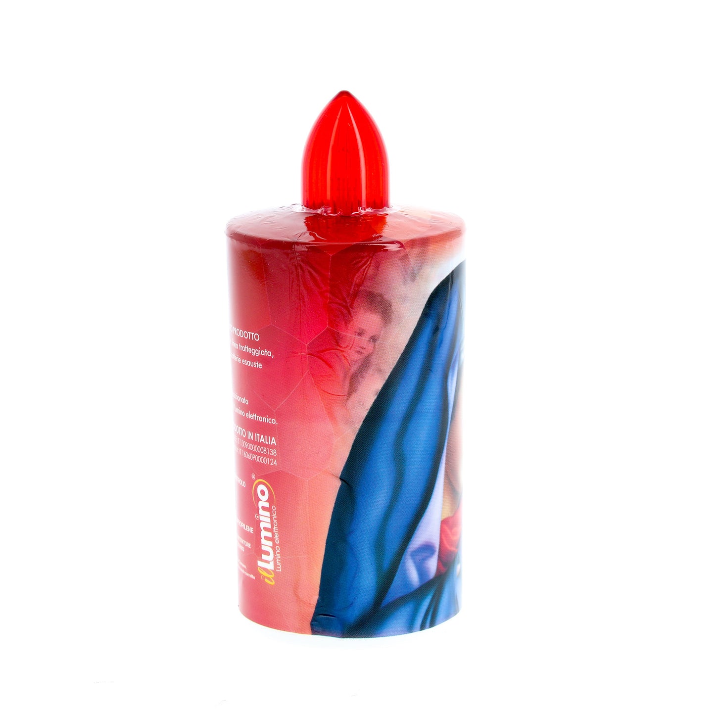 Lumino elettronico "Madonna Addolorata", durata 60 giorni, luce rossa. Diametro 6 cm e altezza 13,5 cm