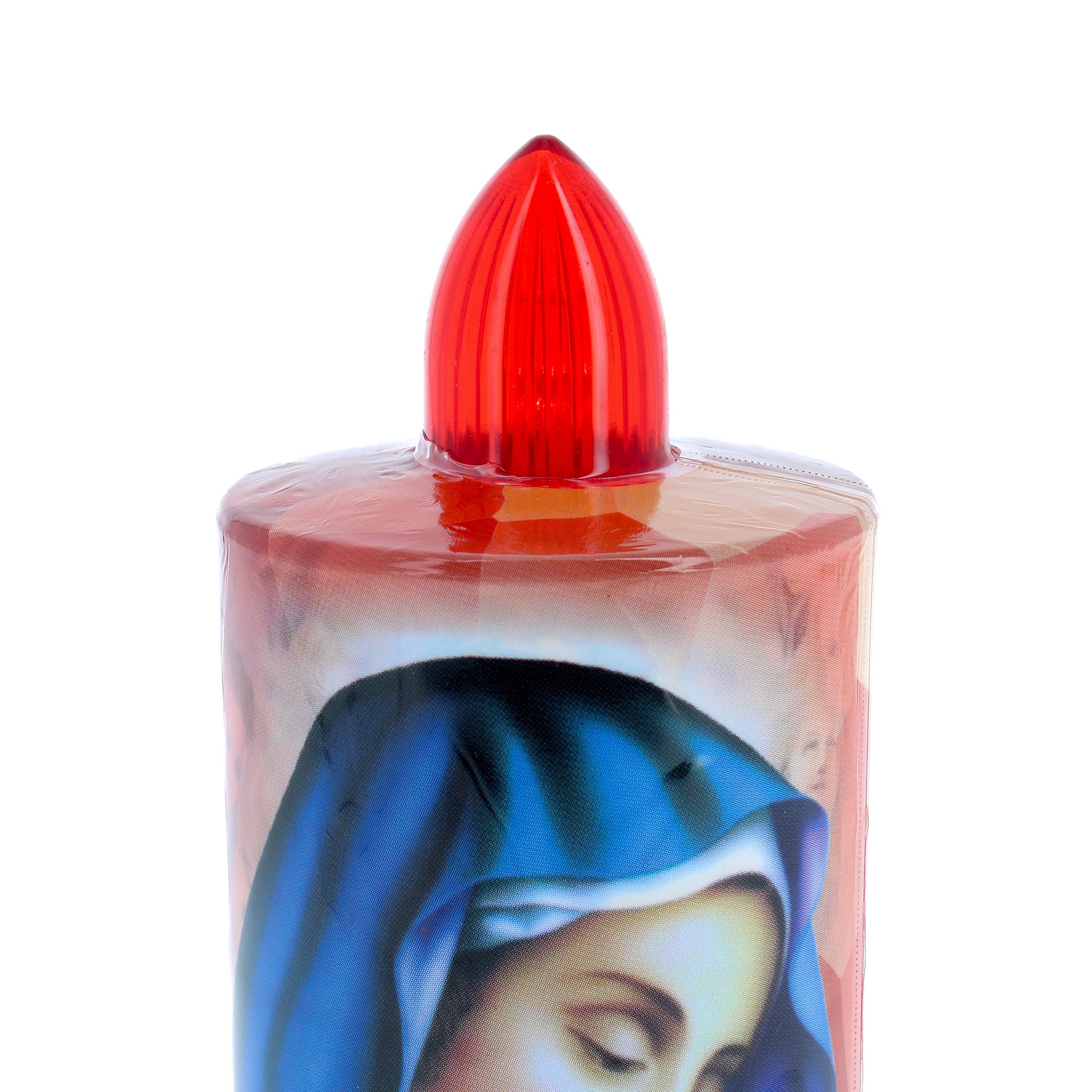 Lumino elettronico "Madonna Addolorata", durata 60 giorni, luce rossa. Diametro 6 cm e altezza 13,5 cm