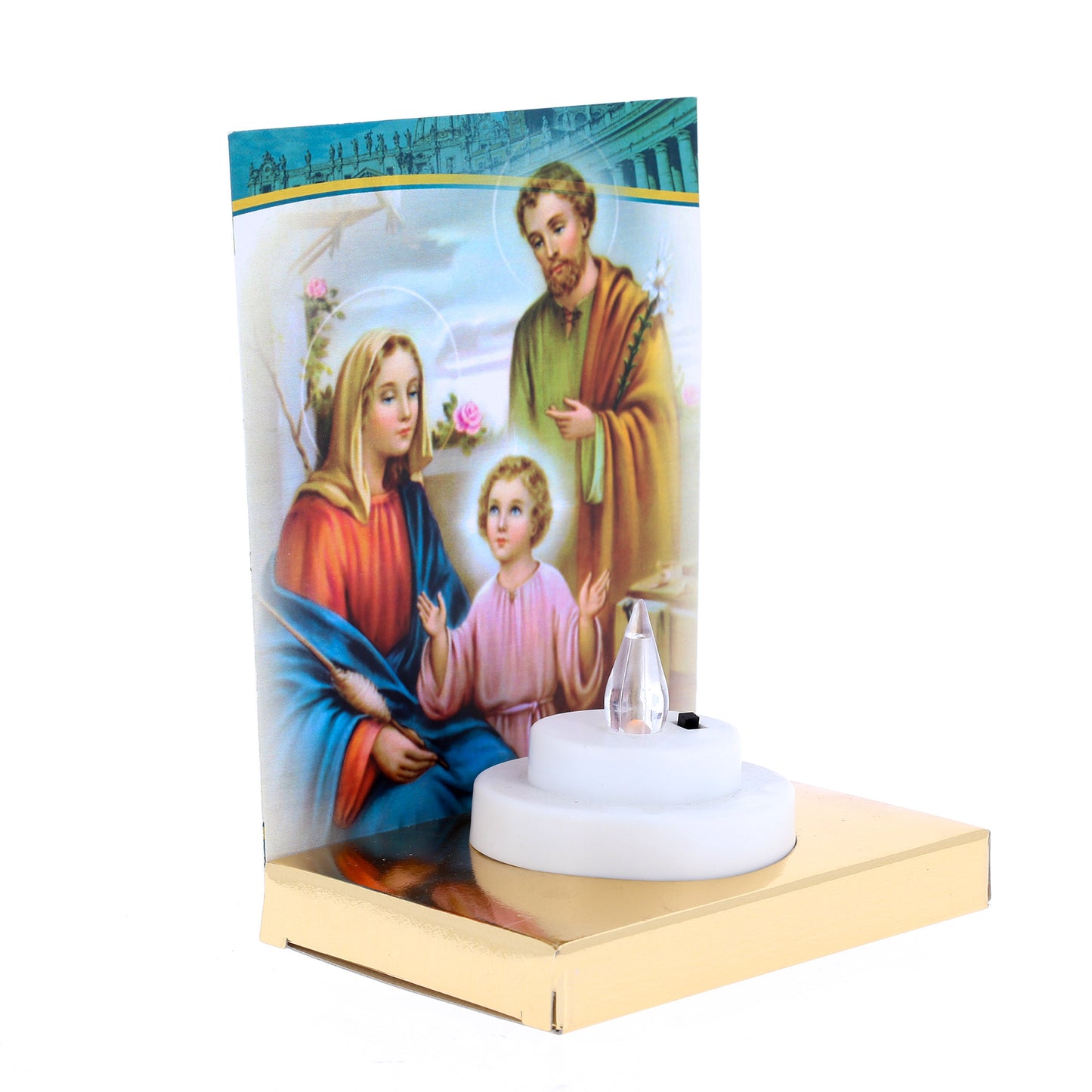 Altarino Sacra Famiglia con lumino elettronico di durata 150 giorni. Dimensioni 11x15 cm