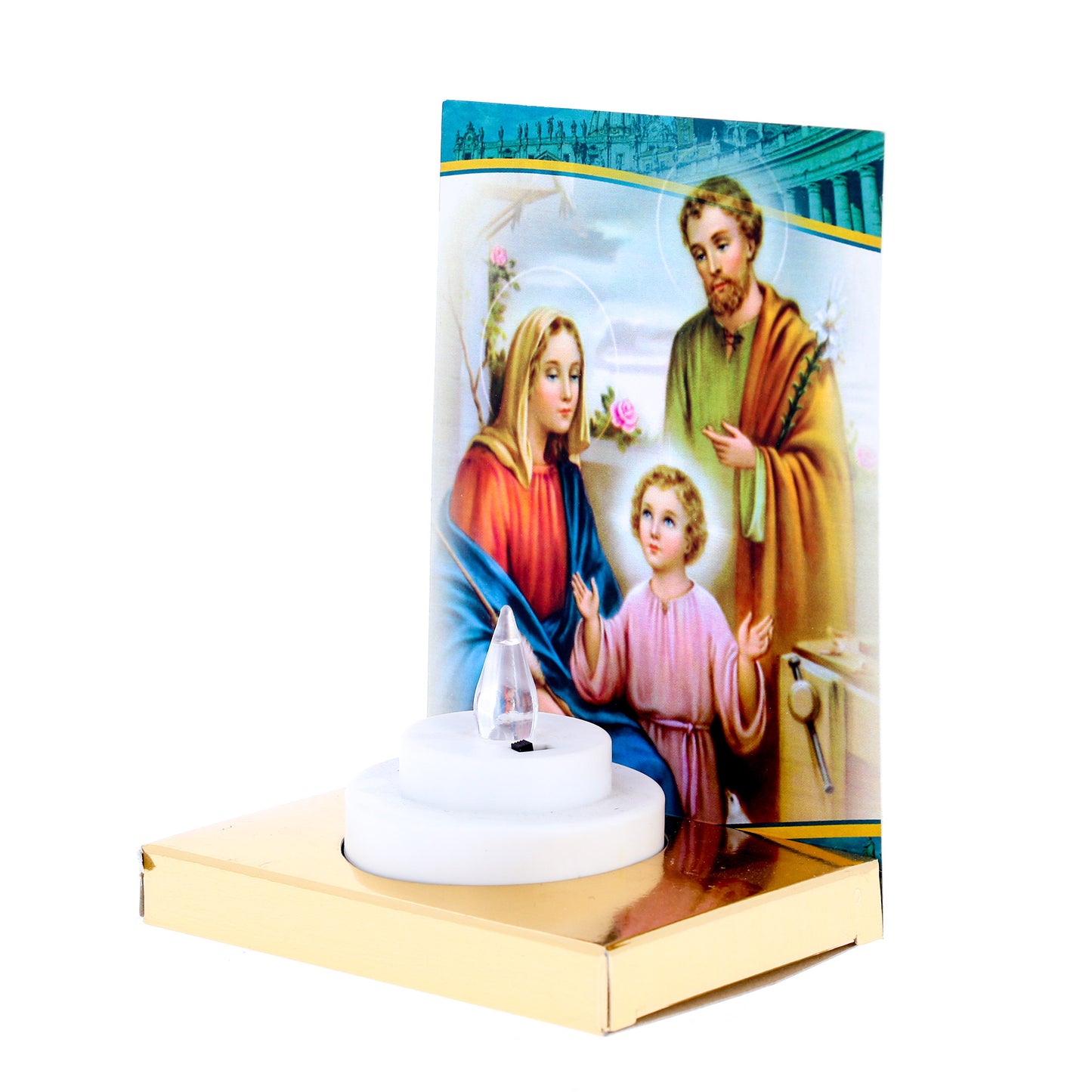 Altarino Sacra Famiglia con lumino elettronico di durata 150 giorni. Dimensioni 11x15 cm