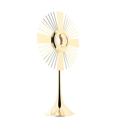 Ostensorio classico in ottone dorato. Altezza 59 cm e raggiera con diametro 34 cm