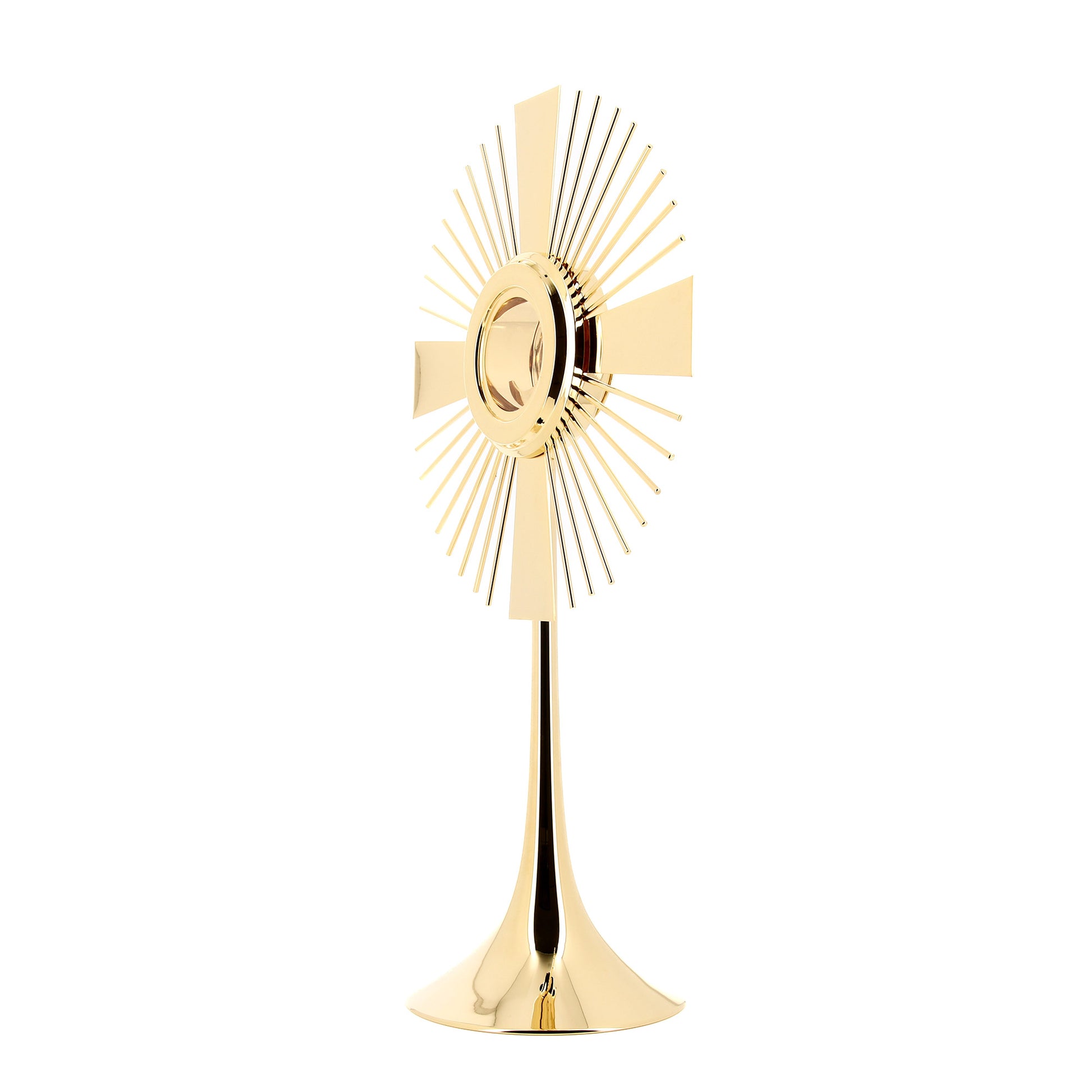 Ostensorio classico in ottone dorato. Altezza 59 cm e raggiera con diametro 34 cm
