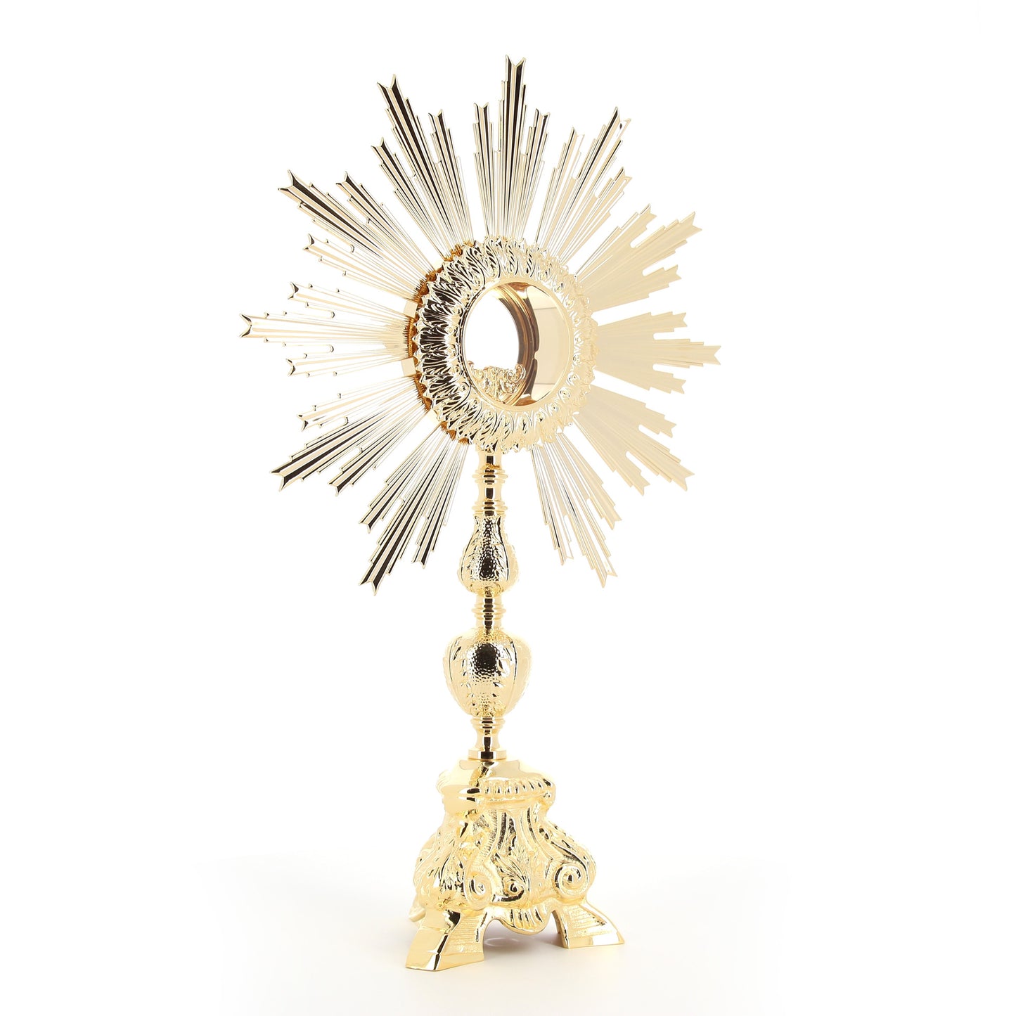 Ostensorio barocco in ottone e bronzo dorato. Altezza 57 cm e raggiera con diametro 36 cm