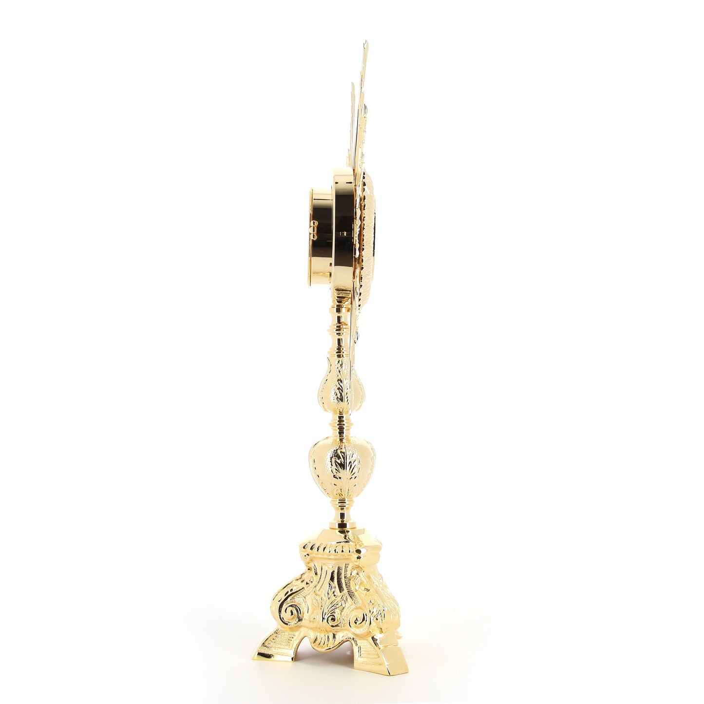 Ostensorio barocco in ottone e bronzo dorato. Altezza 57 cm e raggiera con diametro 36 cm
