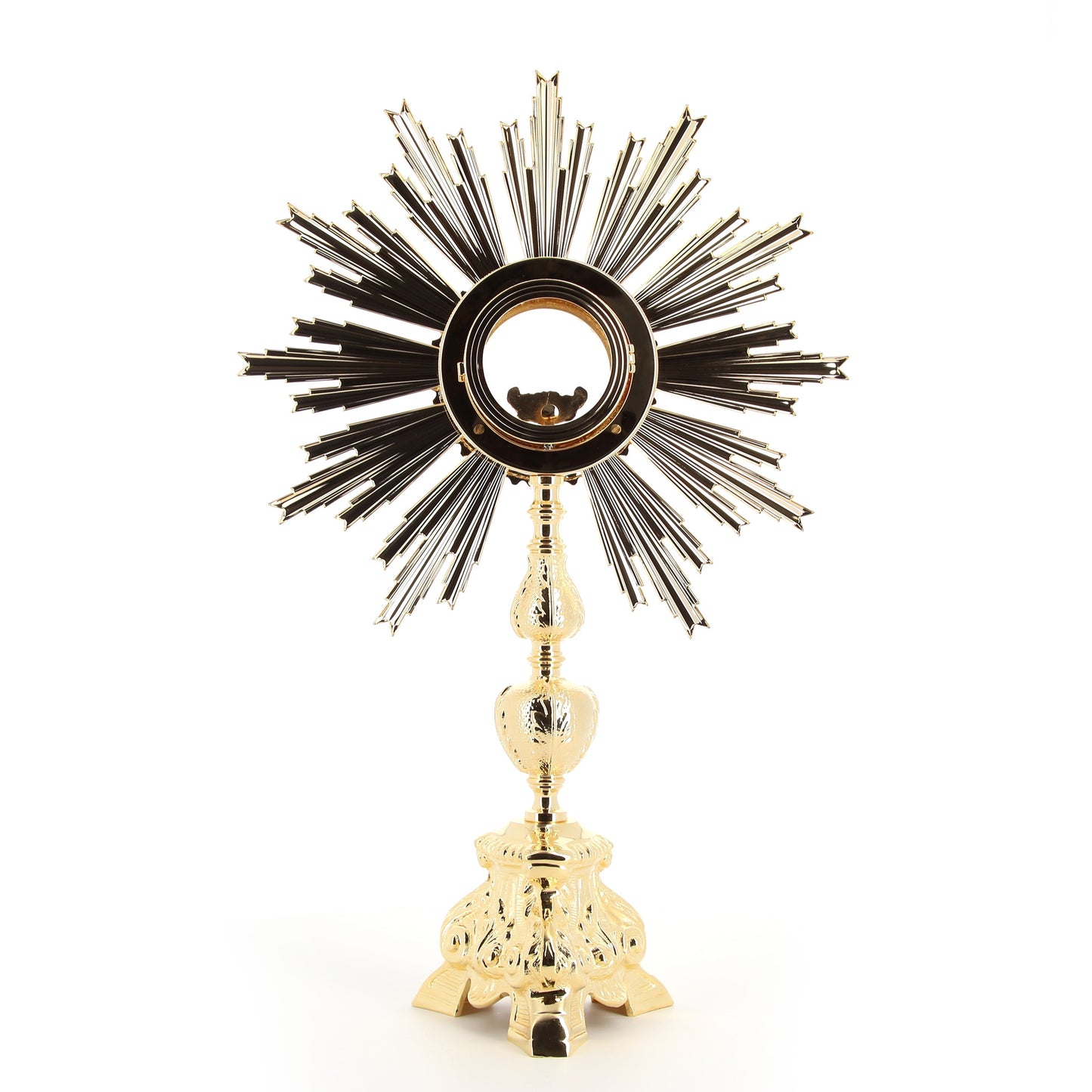 Ostensorio barocco in ottone e bronzo dorato. Altezza 57 cm e raggiera con diametro 36 cm