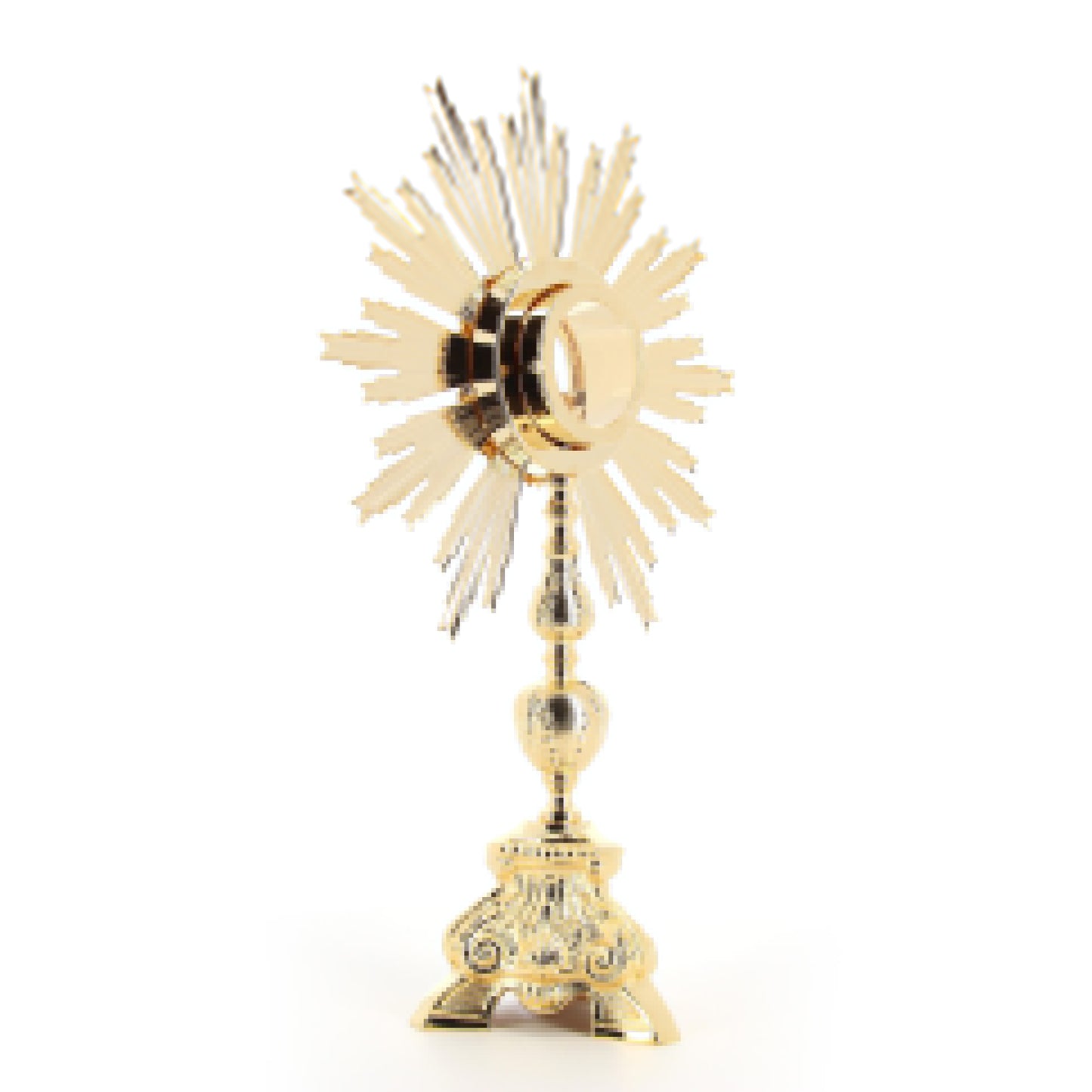 Ostensorio barocco in ottone e bronzo dorato. Altezza 57 cm e raggiera con diametro 36 cm