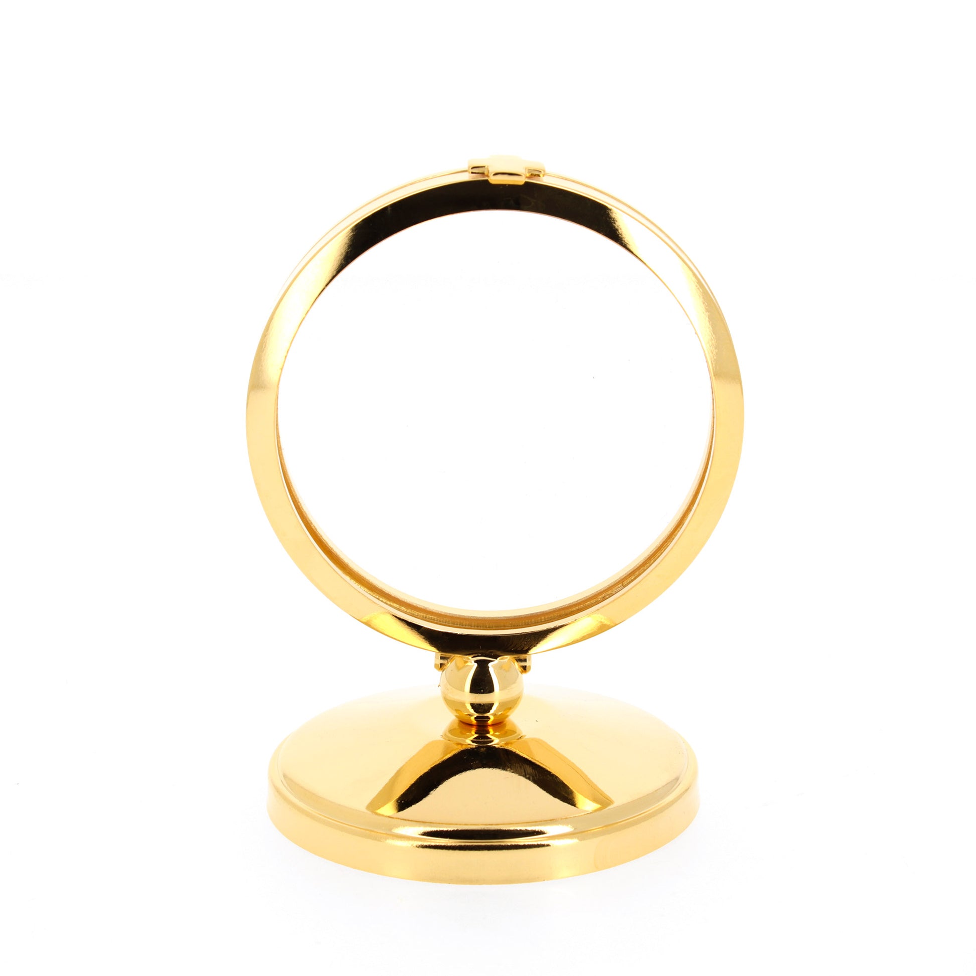 Teca da esposizione in ottone dorato su base semplice. Dimensioni h. 11 e diametro 8 cm