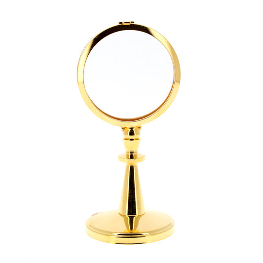 Teca da esposizione su stelo in ottone dorato. Dimensioni h. 16,5 cm e diametro 8 cm