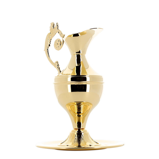 Brocca piccola dorata completa di piattino. Altezza 24 cm