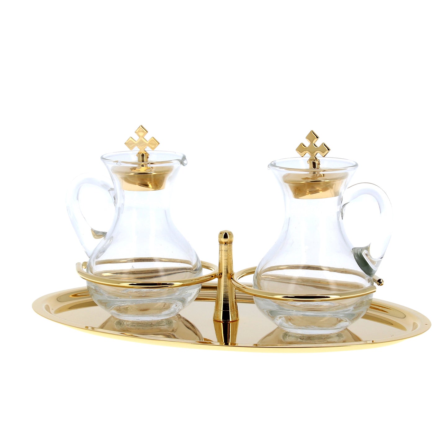Servizio ampolle su vassoio dorato con anelli di tenuta, dimensioni 23x14 cm. Capienza ampolle 100 cc