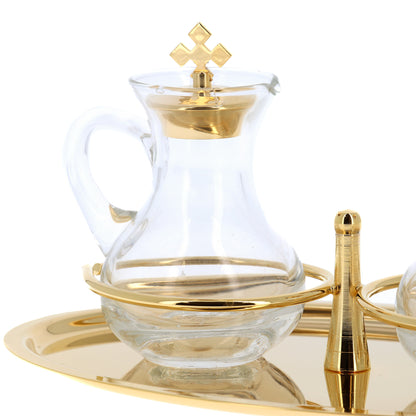 Servizio ampolle su vassoio dorato con anelli di tenuta, dimensioni 23x14 cm. Capienza ampolle 100 cc