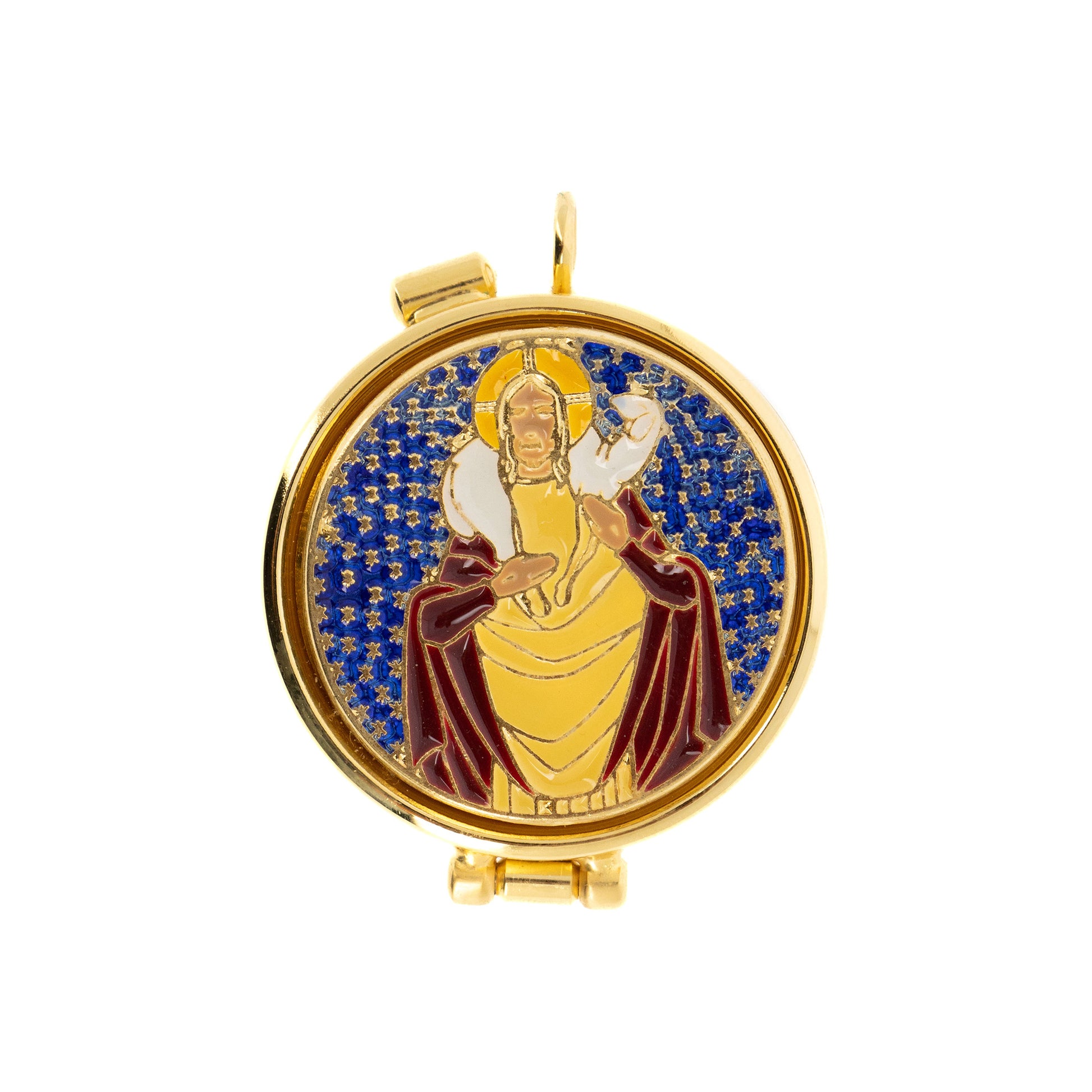 Teca con placca smaltata raffigurante Buon Pastore. Dimensioni 4x1,5 cm