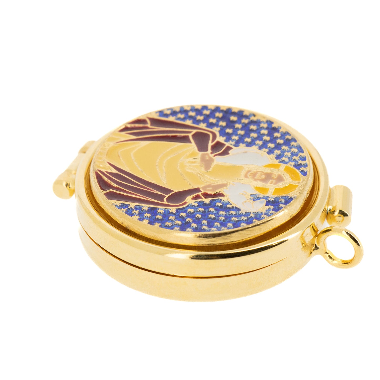 Teca con placca smaltata raffigurante Buon Pastore. Dimensioni 4x1,5 cm