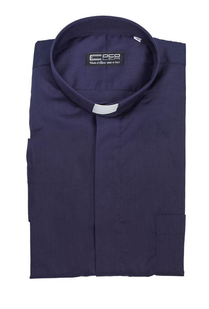 Camicia blu, manica corta, misto cotone, collo clergy