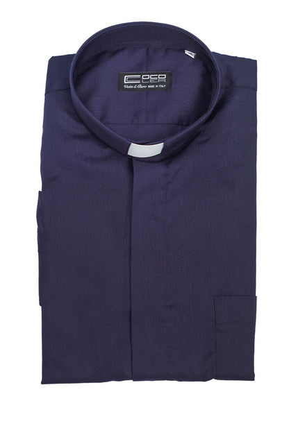 Camicia blu, manica corta, misto cotone, collo clergy