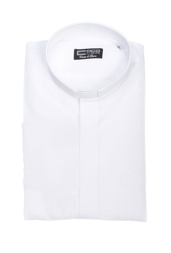 Camicia bianca, manica corta, misto cotone, collo clergy